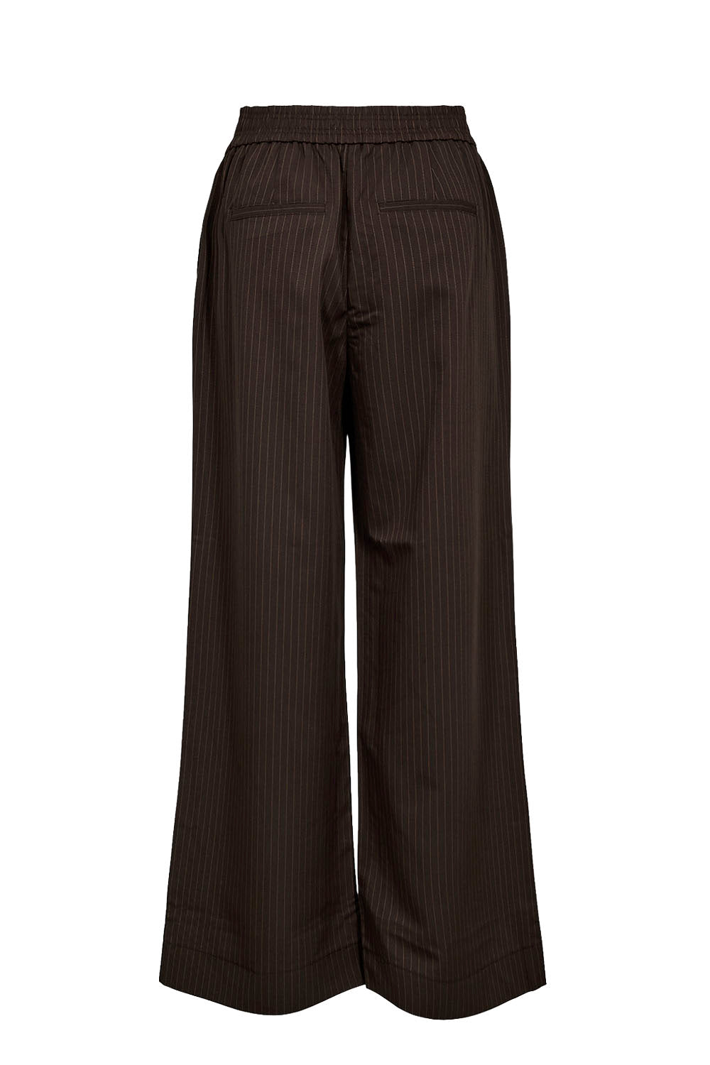 Dark brown pinstriped wide-leg trousers with an elastic waistband, shown from the back on a white background.