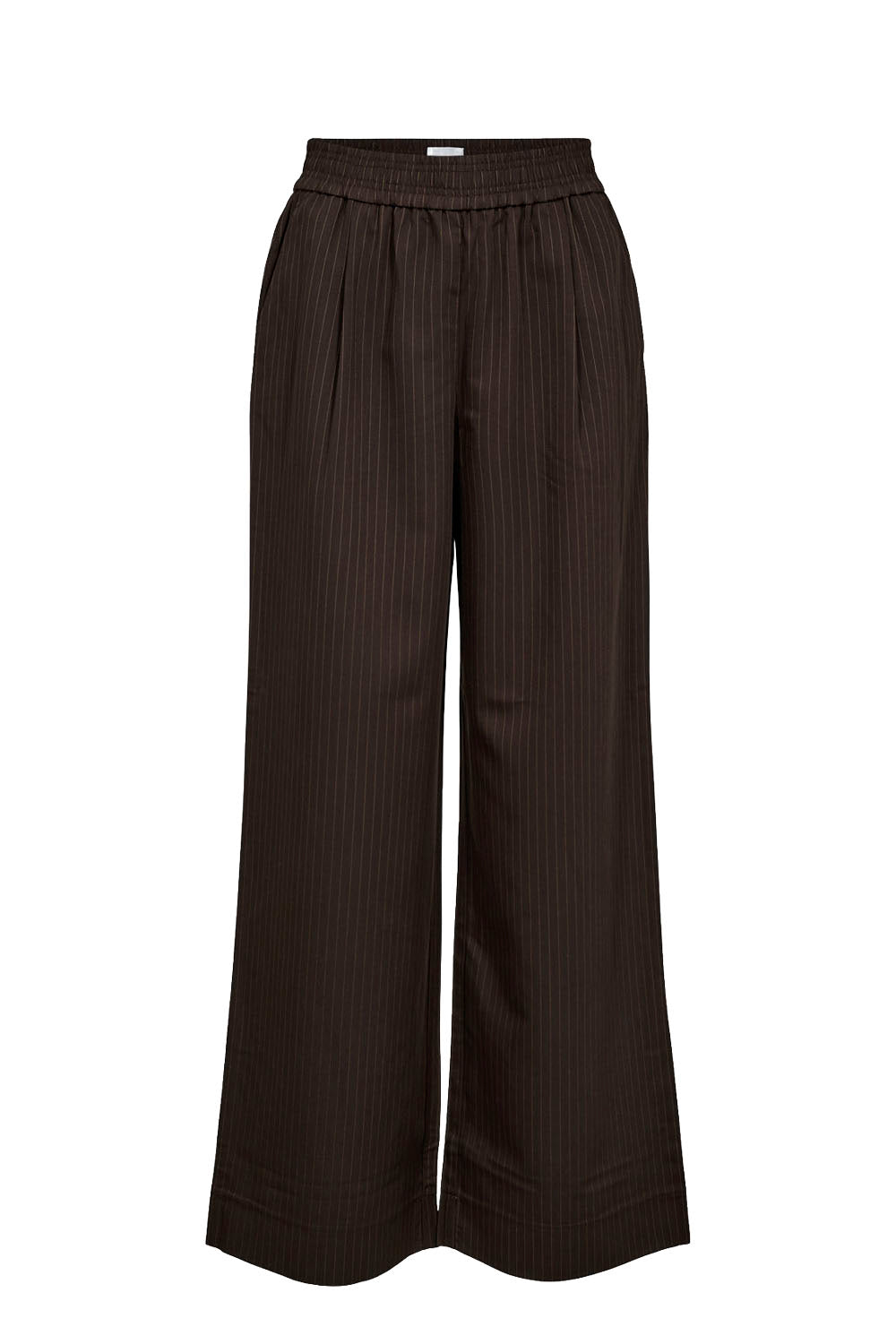 Dark brown wide-leg trousers with a subtle vertical pinstripe pattern, featuring an elastic waistband, shown against a plain white background.