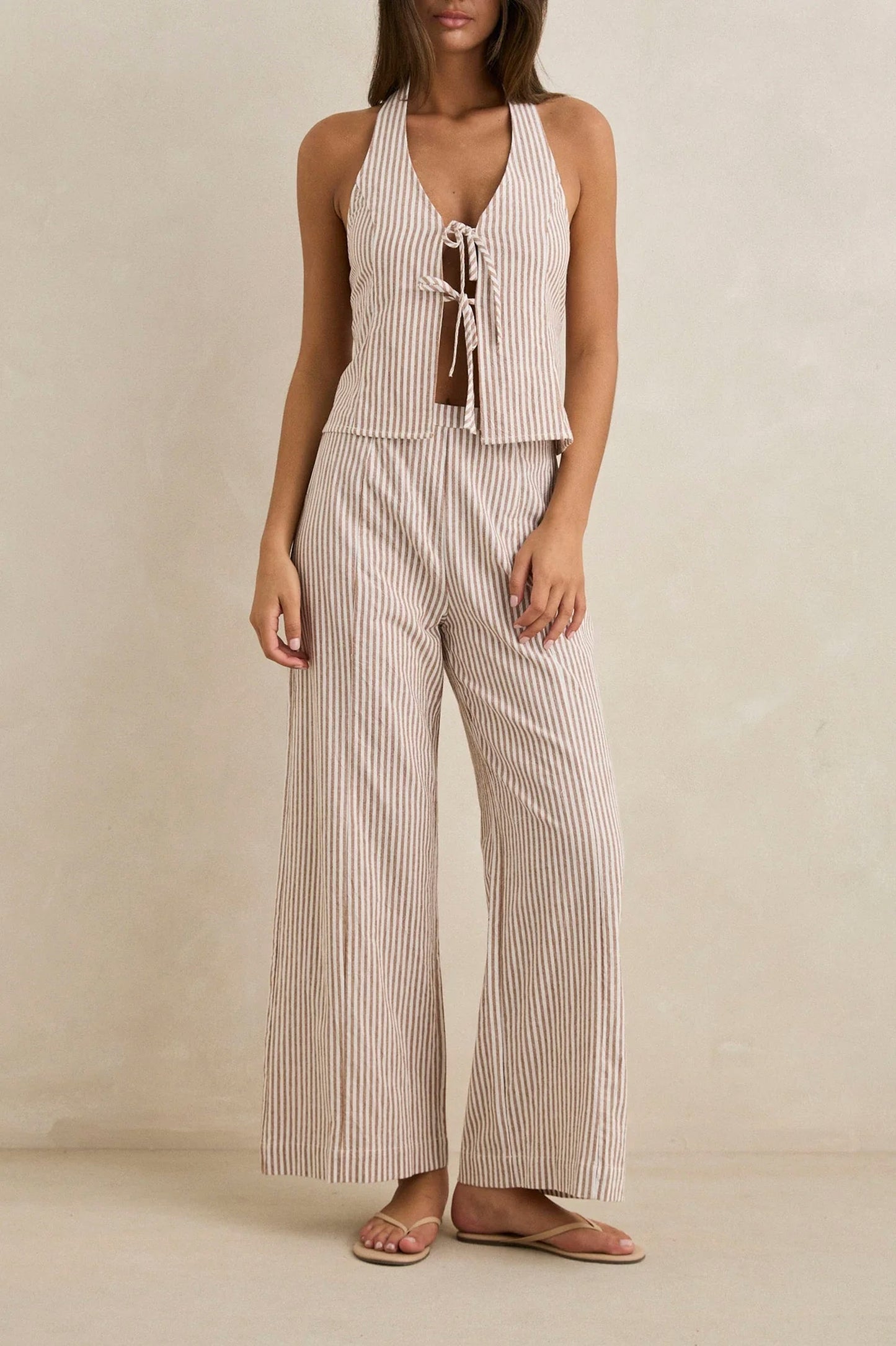 RHYTHM Louise Wide Leg Pant in tan featuring flowing silhouette and warm coastal style