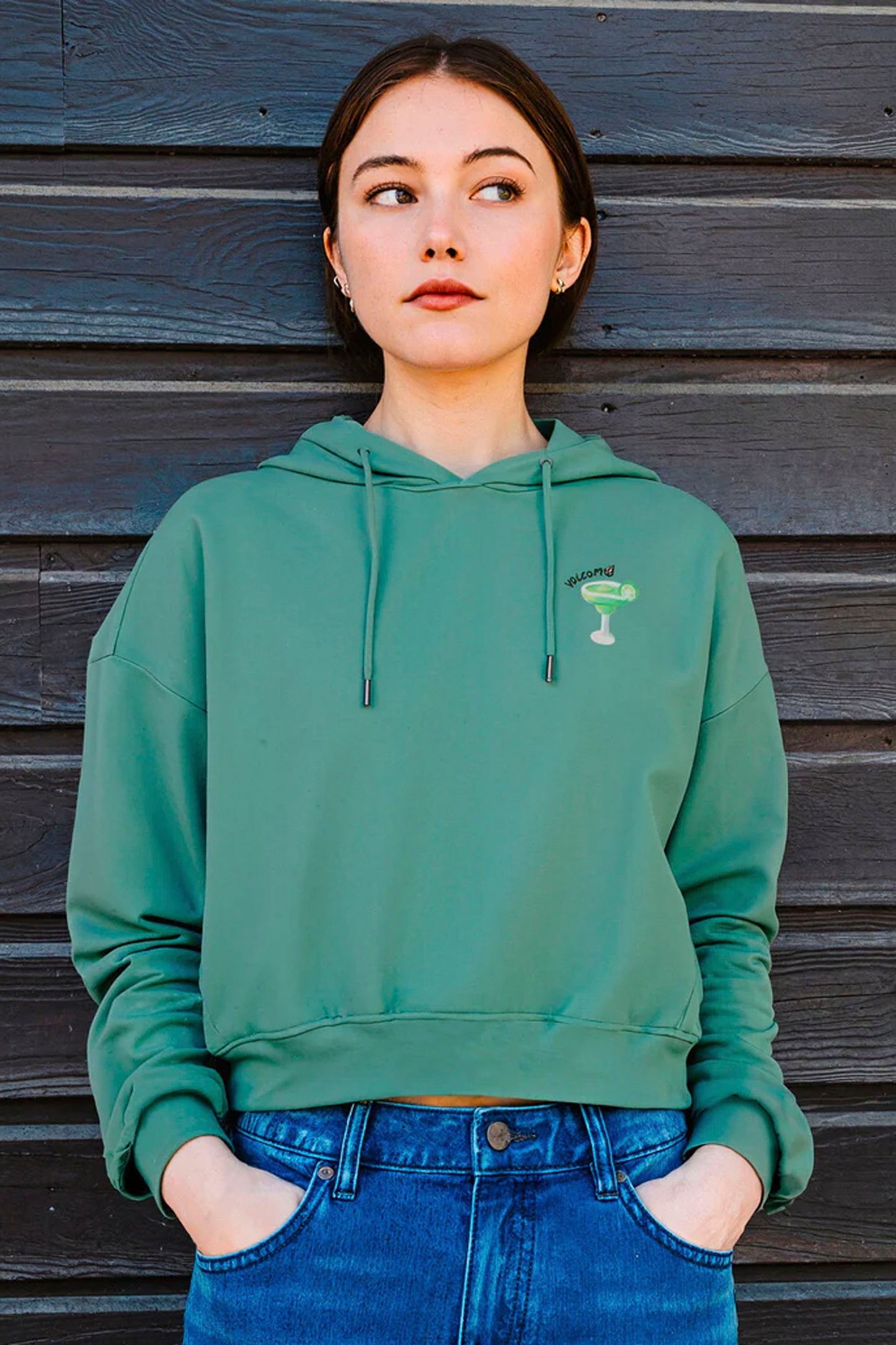 Volcom FA Mickey Mason Pullover Evergreen – women's relaxed-fit skate sweatshirt at Pukas Surf Shop