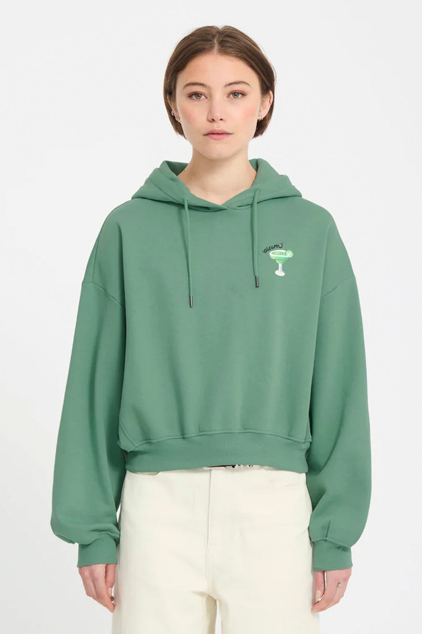 Volcom FA Mickey Mason Pullover Evergreen – women's relaxed-fit skate sweatshirt at Pukas Surf Shop