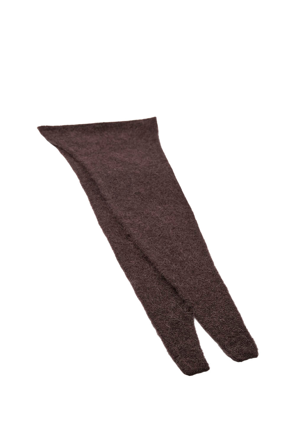 A single dark brown knit bootie or cuffed sock shown flat against a plain white background.