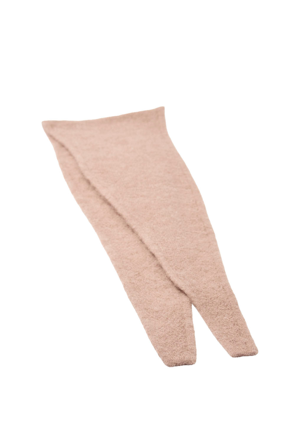 A pair of fuzzy, textured knit boot covers in a soft dusty pink color, shown folded on a plain white background.