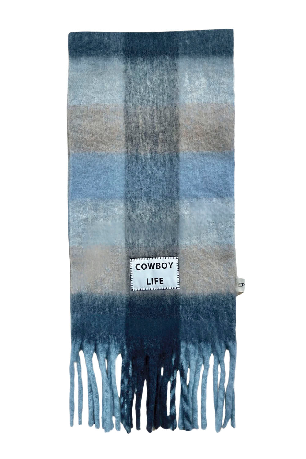 VERB TO DO Cowboy Life maxi scarf with blue and neutral checks, fringed ends and Cowboy Life patch