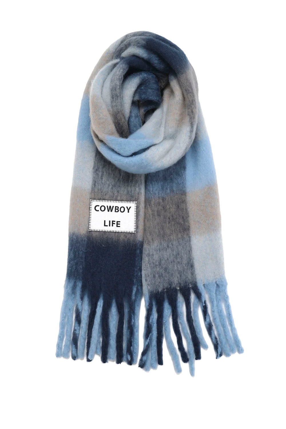 VERB TO DO Cowboy Life maxi scarf with blue and neutral checks, fringed ends and Cowboy Life patch
