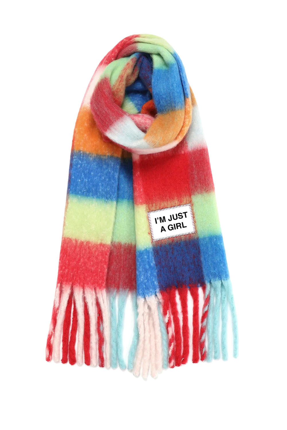 VERB TO DO I'm Just a Girl maxi scarf with multicolour checks, fringed ends and slogan patch
