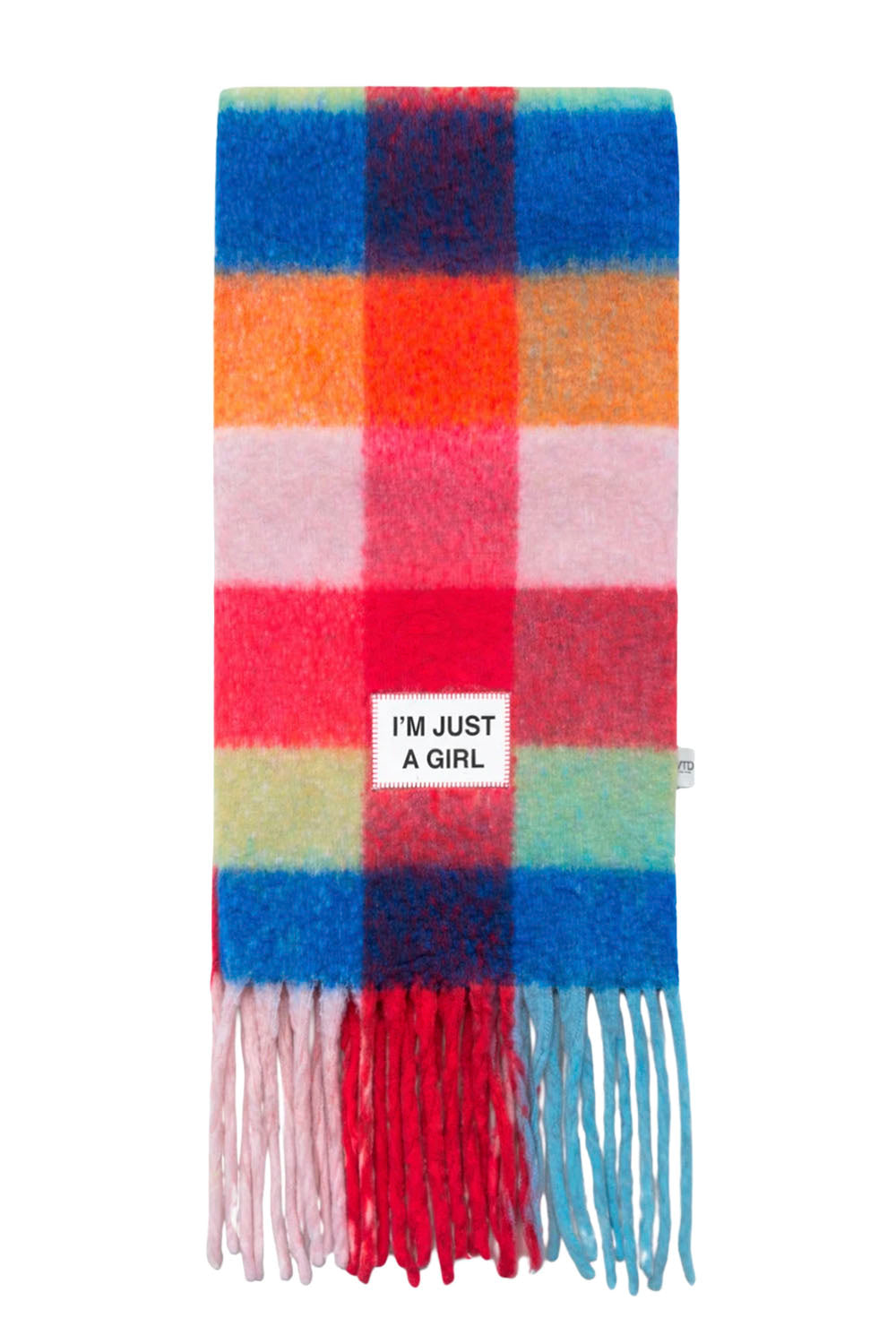 VERB TO DO I'm Just a Girl maxi scarf with multicolour checks, fringed ends and slogan patch
