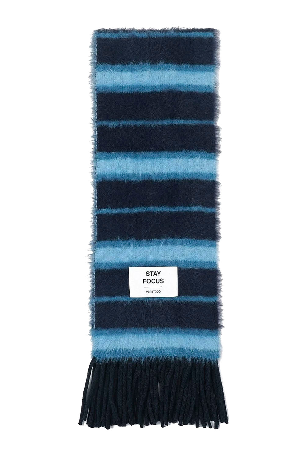 a light blue and navy knit striped fuzzy scarf against a white background