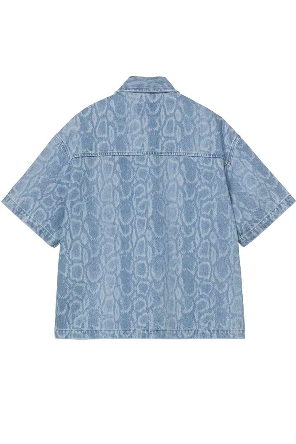 Blue patterned shirt with brand logo on a white background