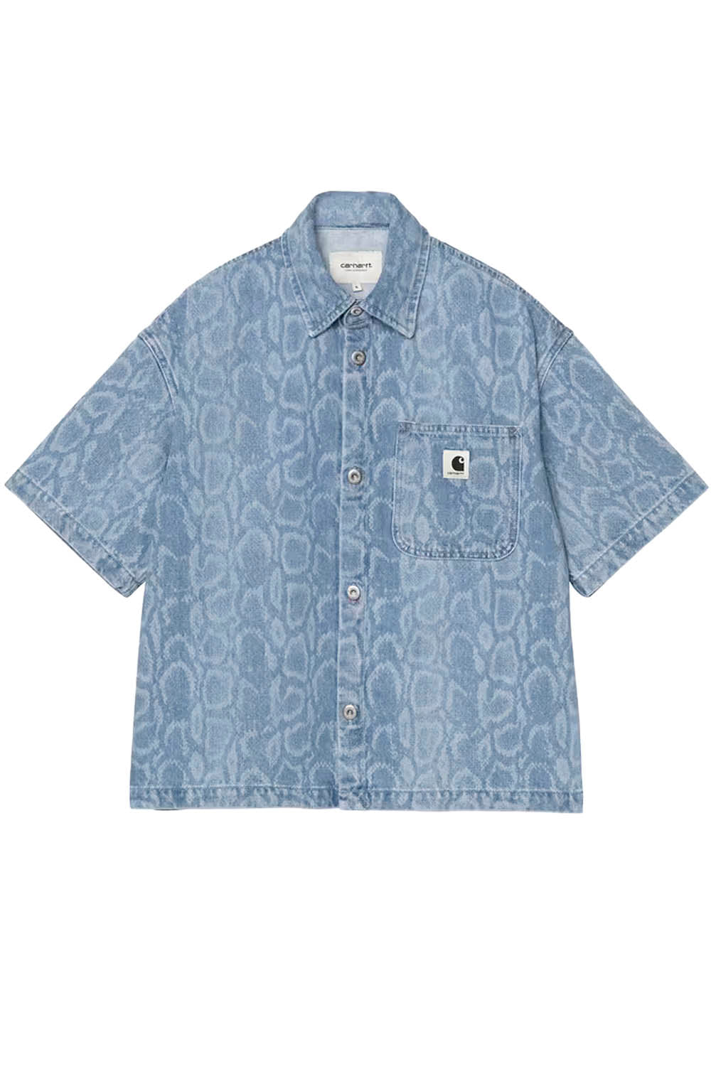 Blue patterned shirt with brand logo on a white background