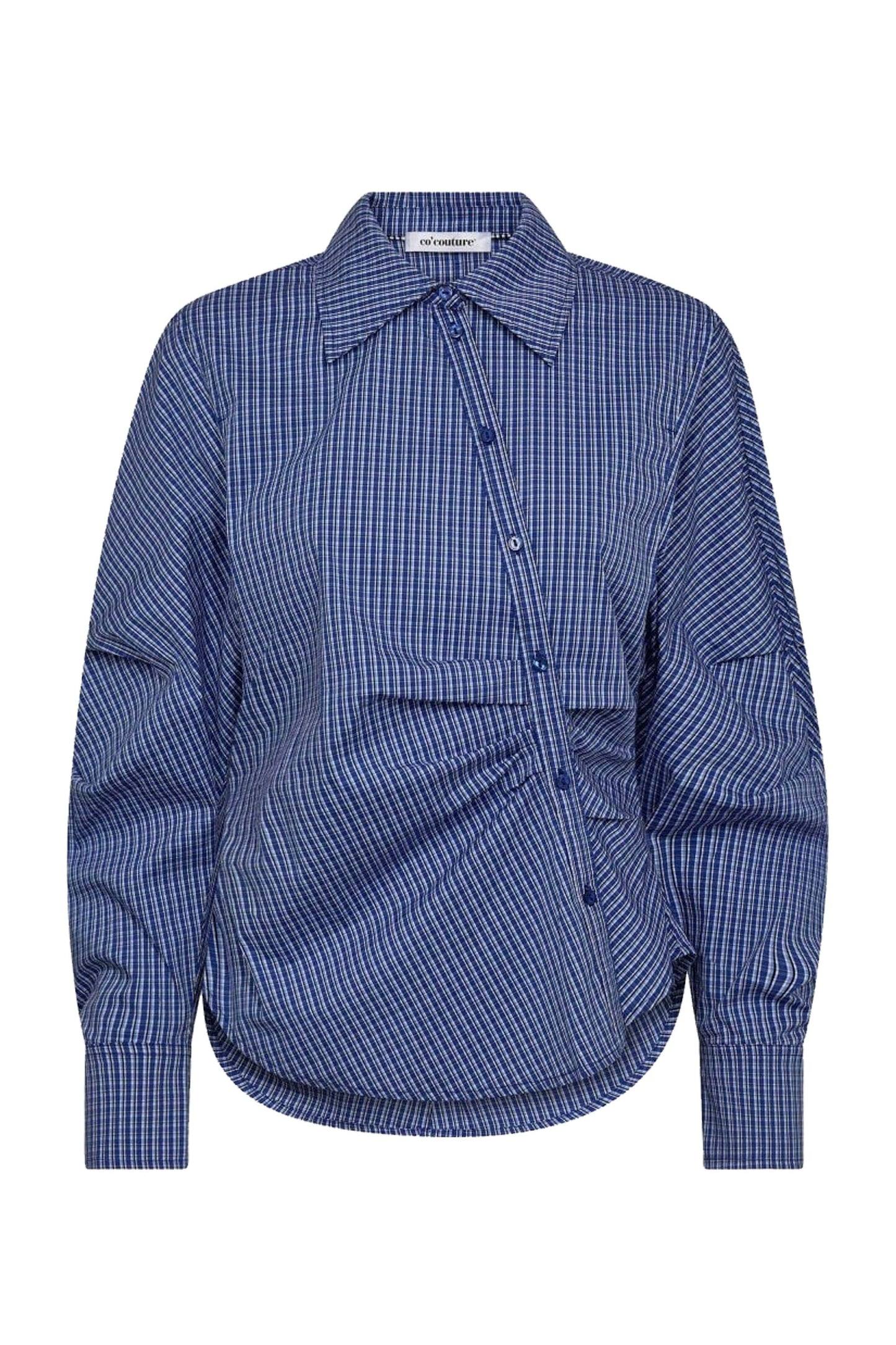 CO'COUTURE ANIZACC ASYM SHIRT - Back view showing blue checkered pattern and slim-fit silhouette