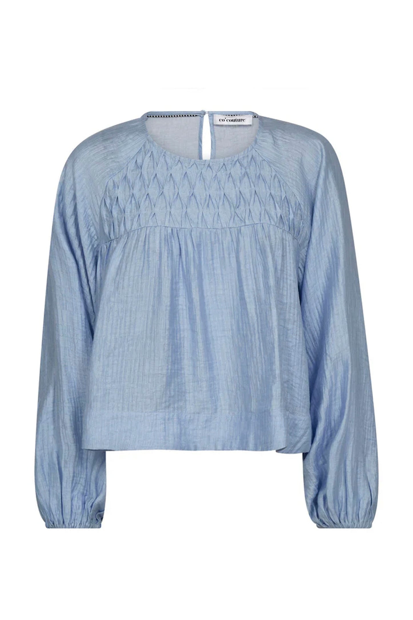 CO'COUTURE TASSYCC RAGLAN BLOUSE - Front view showing light blue tone and smock-inspired chest detailing