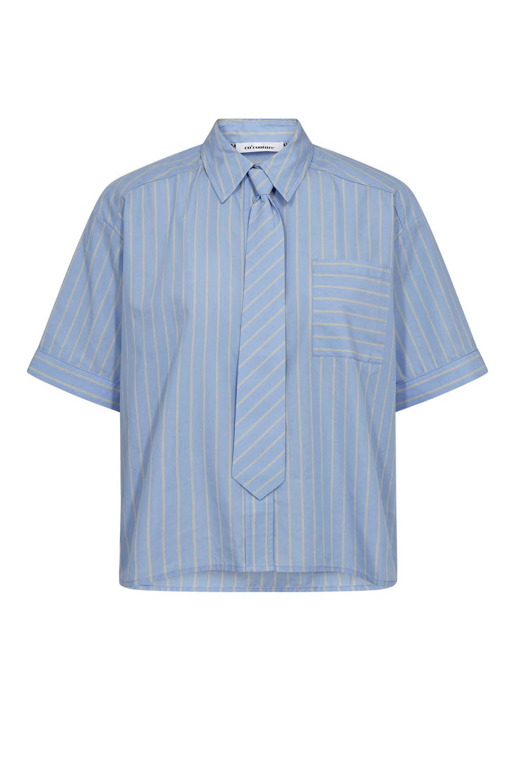 Blue striped shirt with a tie on a white background
