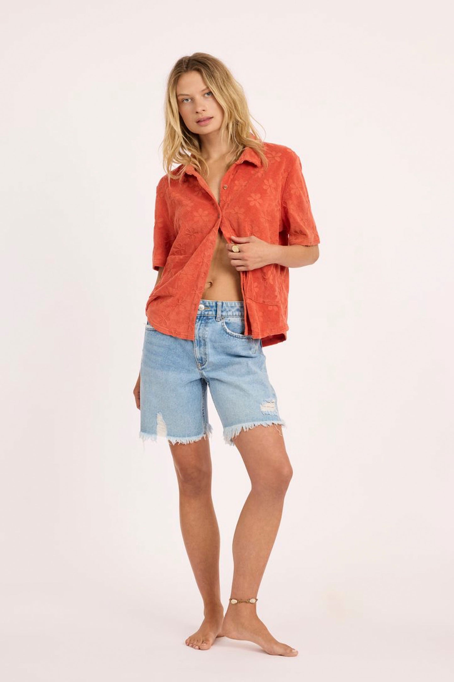 SISSTREVOLUTION Love Struck button-front camp shirt in soft terry with debossed floral details