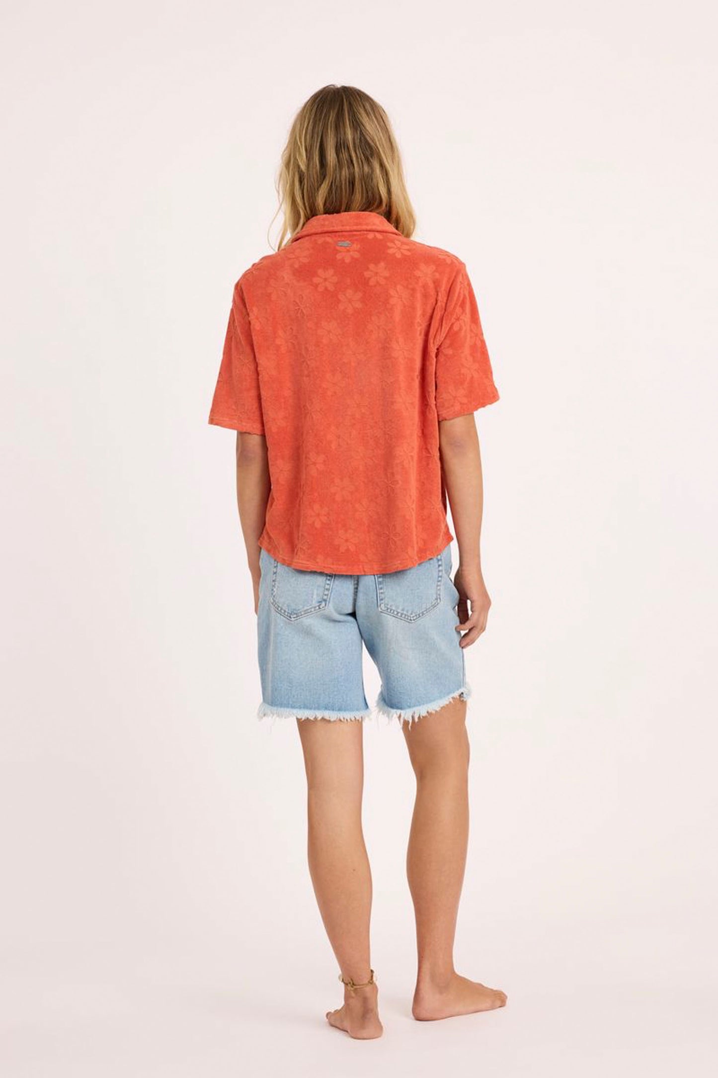 SISSTREVOLUTION Love Struck button-front camp shirt in soft terry with debossed floral details