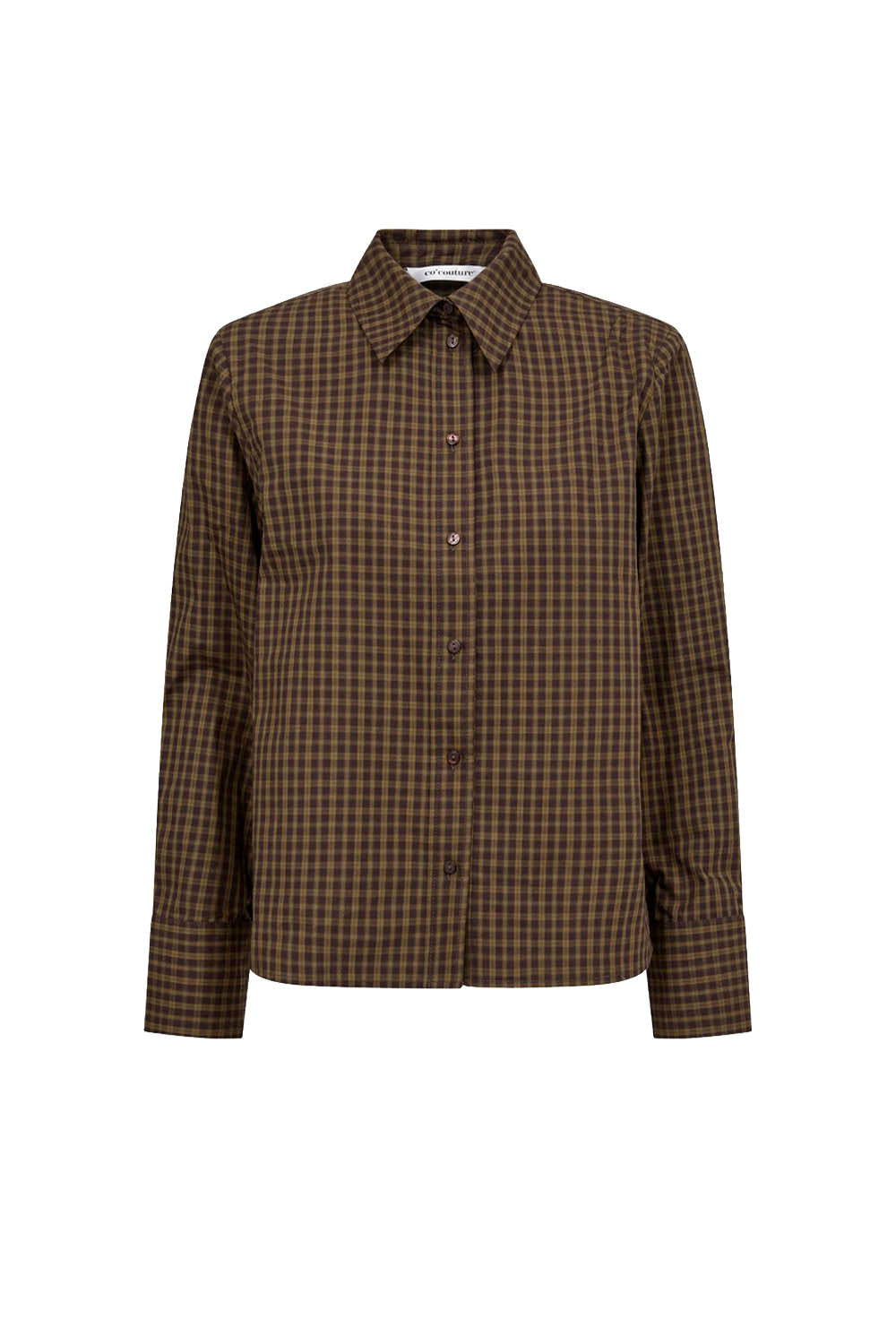 A brown and black checkered long-sleeve button-up shirt, presented on a clean white background.