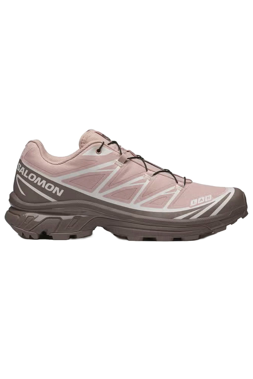  trail running shoes in dusty pink and dark brown, shown from a three-quarters angle on a plain white background.