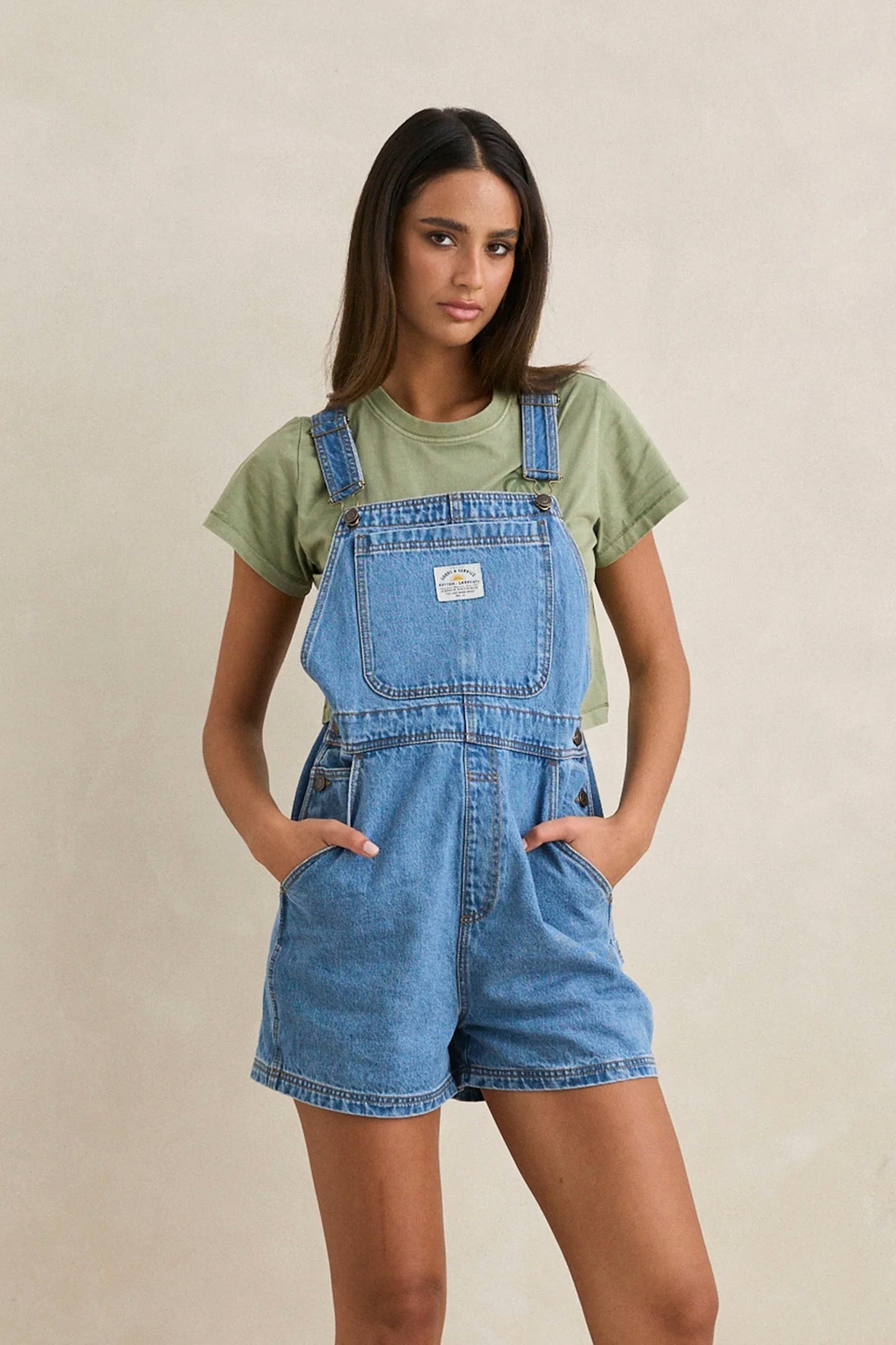RHYTHM Tide Short Overall in worn indigo featuring relaxed fit and vintage-inspired denim wash