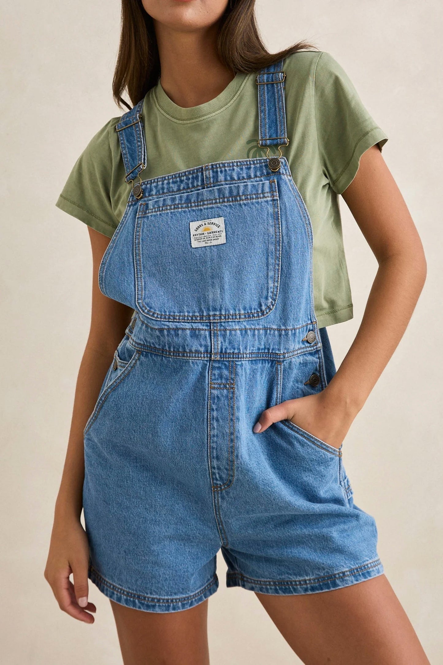 RHYTHM Tide Short Overall in worn indigo featuring relaxed fit and vintage-inspired denim wash