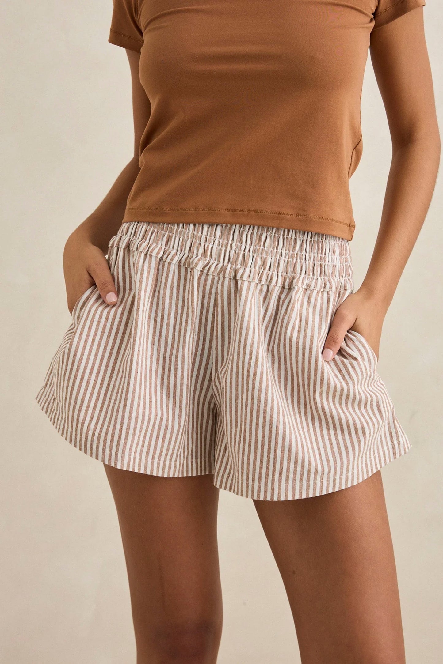 RHYTHM Valley Stripe Short in tan featuring classic stripe pattern and relaxed coastal fit