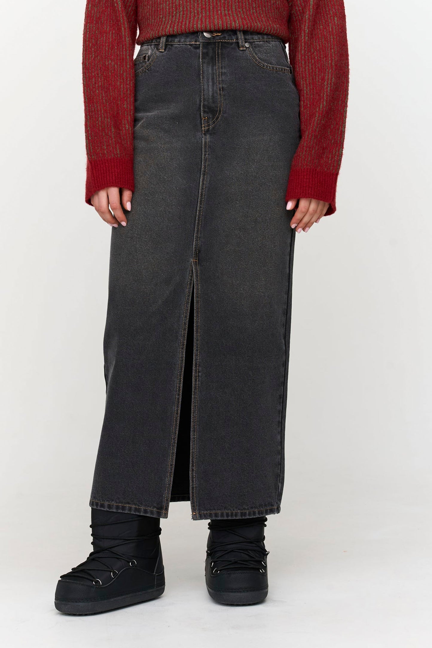 24 Colours Pukas Surf Shop charcoal midi skirt side slit relaxed drape