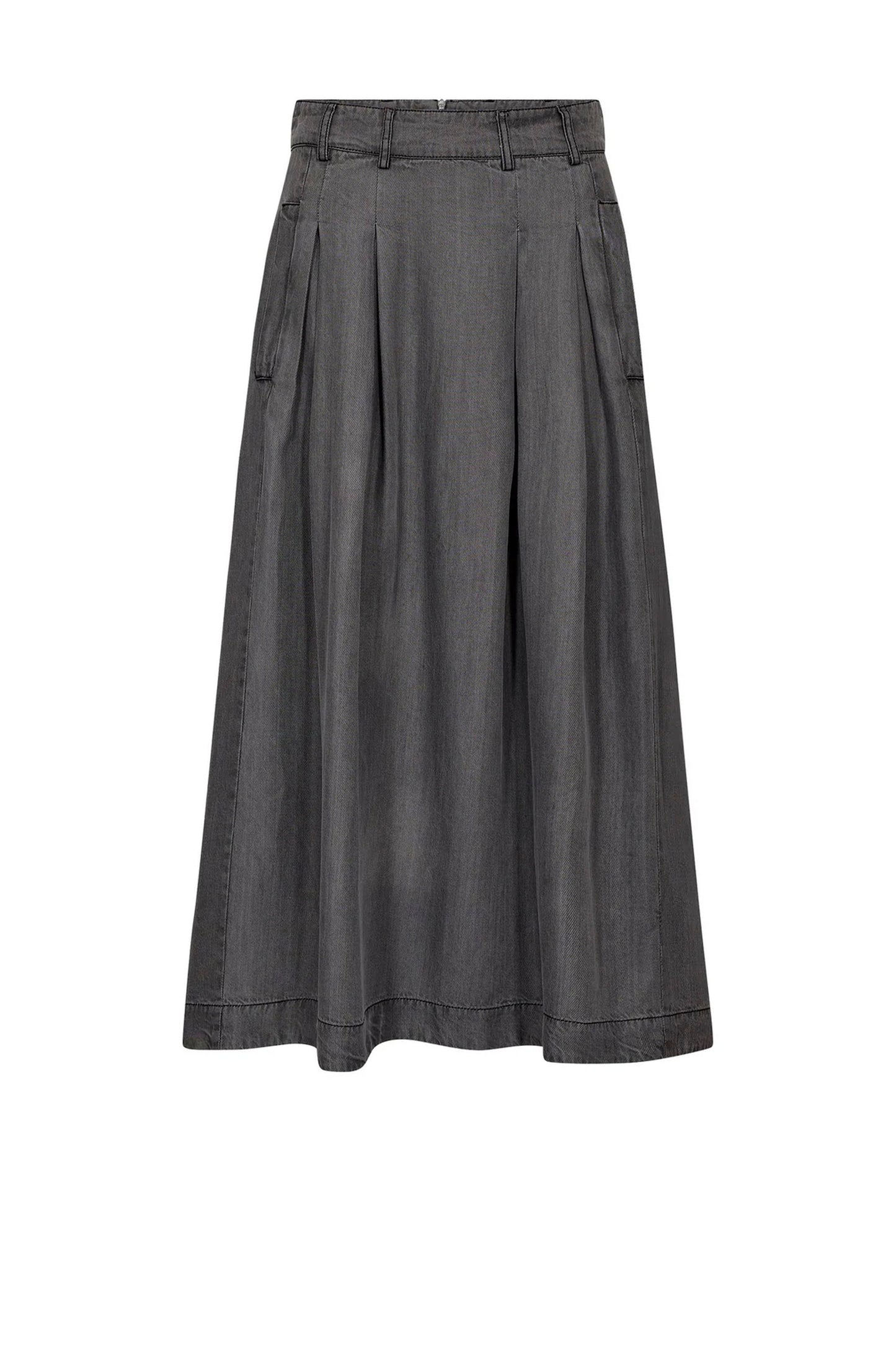 CO'COUTURE ANYACC DENIM PLEAT SKIRT - Back view showing mid-grey denim tone and elegant pleat detailing