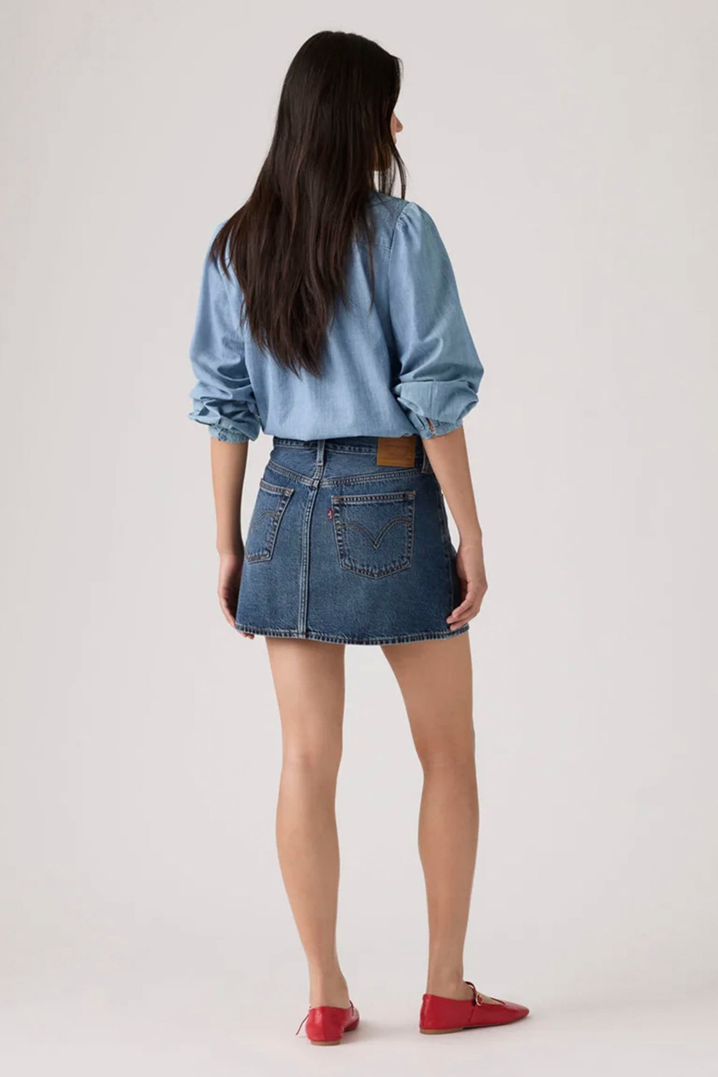 LEVIS Icon Skirt front view showing flattering cut and denim construction