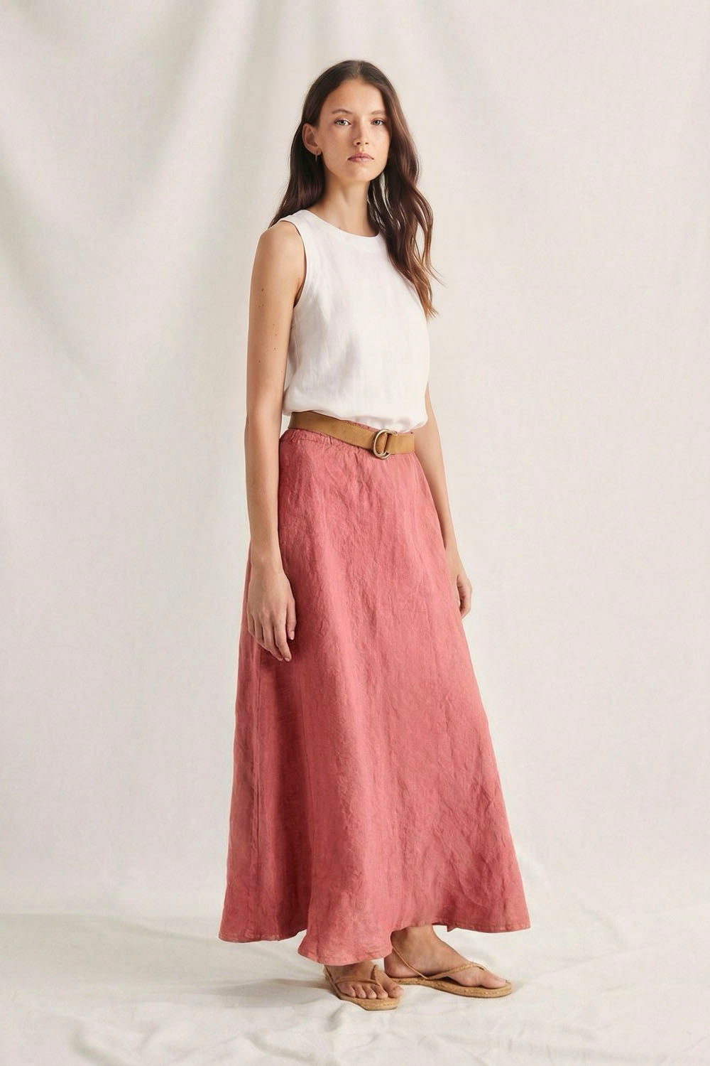 Mi&Co Galda Skirt in Camelia — women's fluid midi skirt, lifestyle surf fashion at Pukas Surf Shop