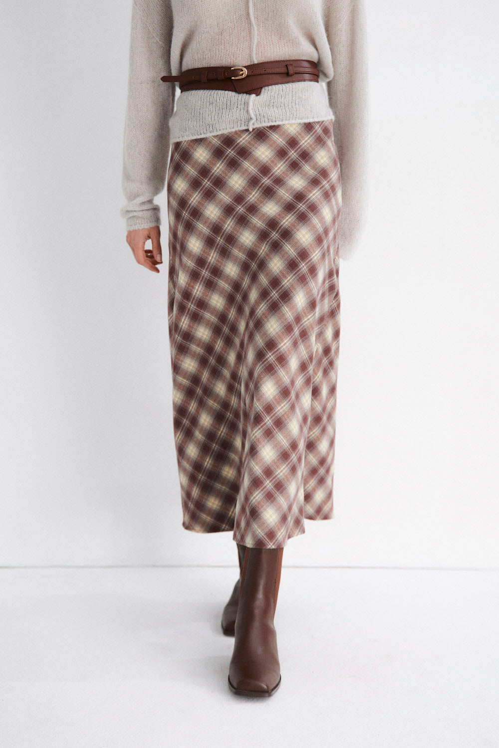 Mus & Bombón Sakura Skirt burgundy plaid women's midi skirt — A-line, fluid drape, available at Pukas Surf Shop
