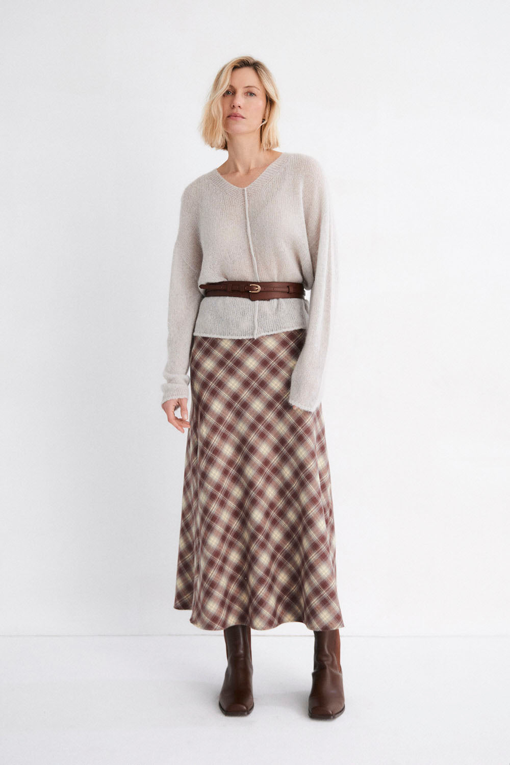 Mus & Bombón Sakura Skirt burgundy plaid women's midi skirt — A-line, fluid drape, available at Pukas Surf Shop
