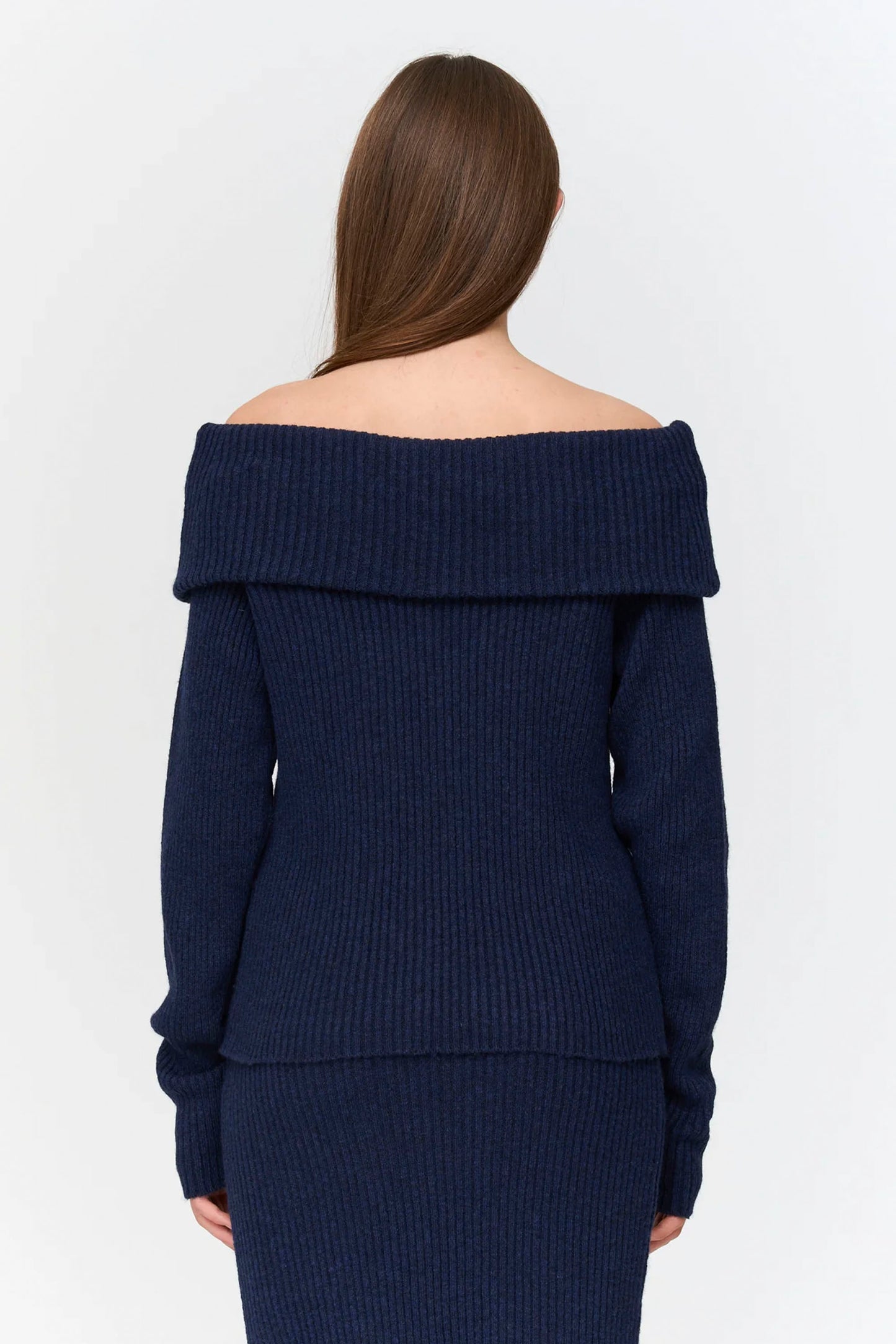 24 Colours Pukas Surf Shop chunky blue sweater off-shoulder neckline relaxed drape