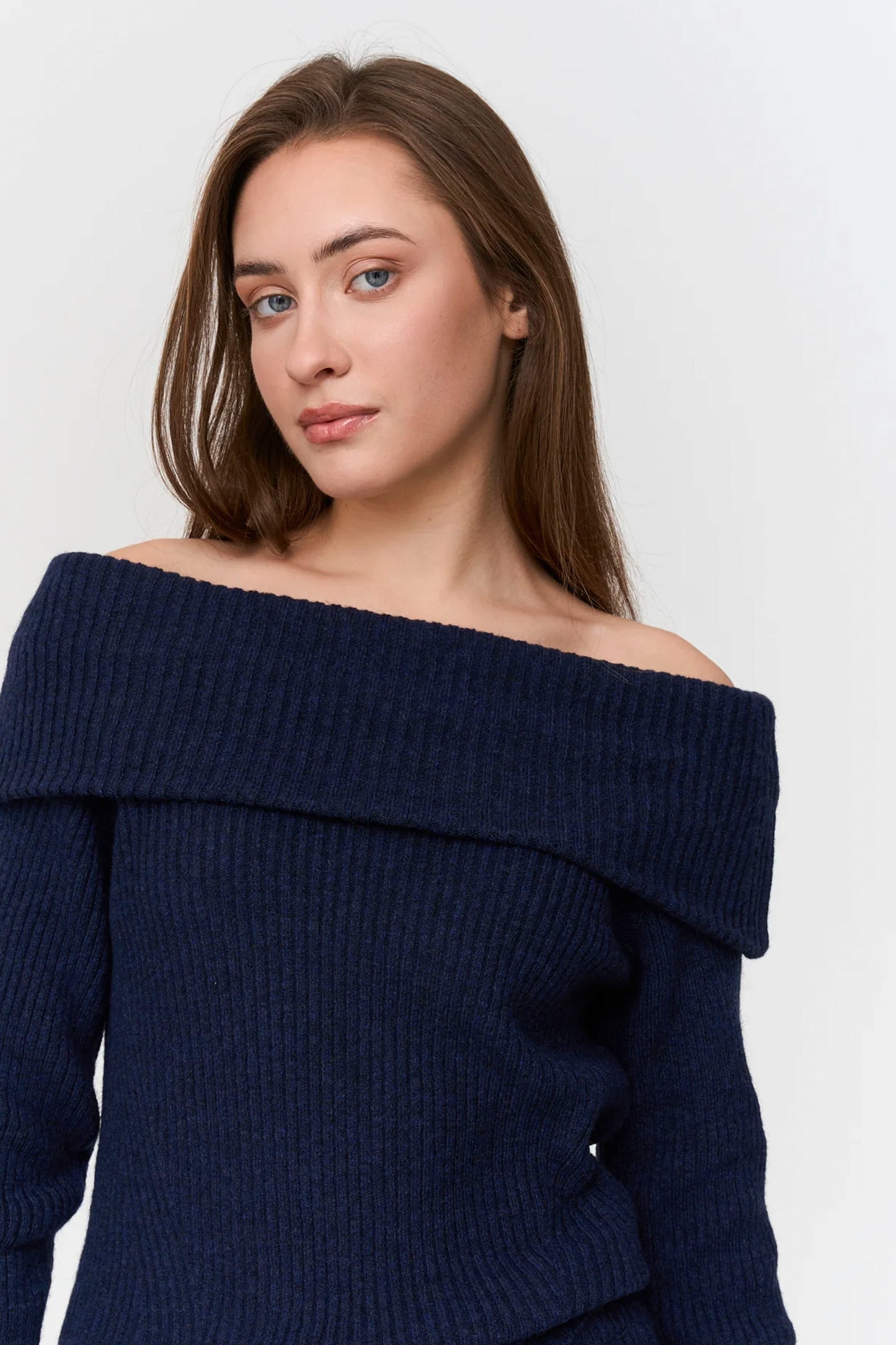 24 Colours Pukas Surf Shop chunky blue sweater off-shoulder neckline relaxed drape