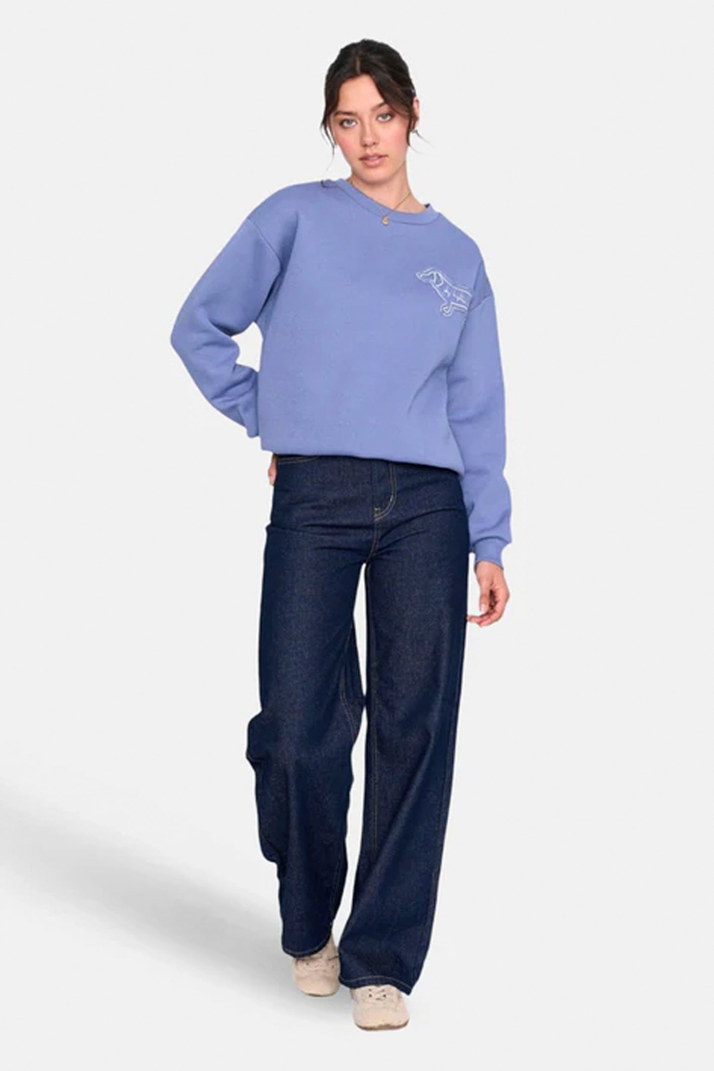 24 Colours Pukas Surf Shop blue sweatshirt embroidered dog graphic relaxed fit casual women’s crewneck
