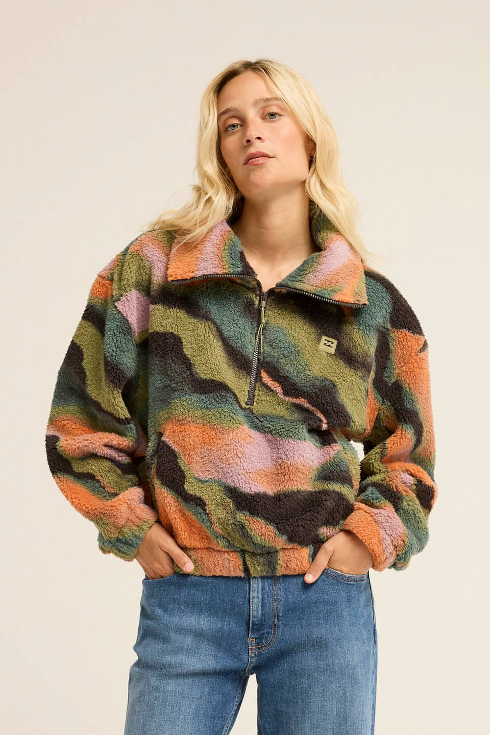 Billabong Barra Half Zip Polar Fleece in Black Pebble — women's relaxed printed sherpa half-zip with front welt pockets and elasticated waist