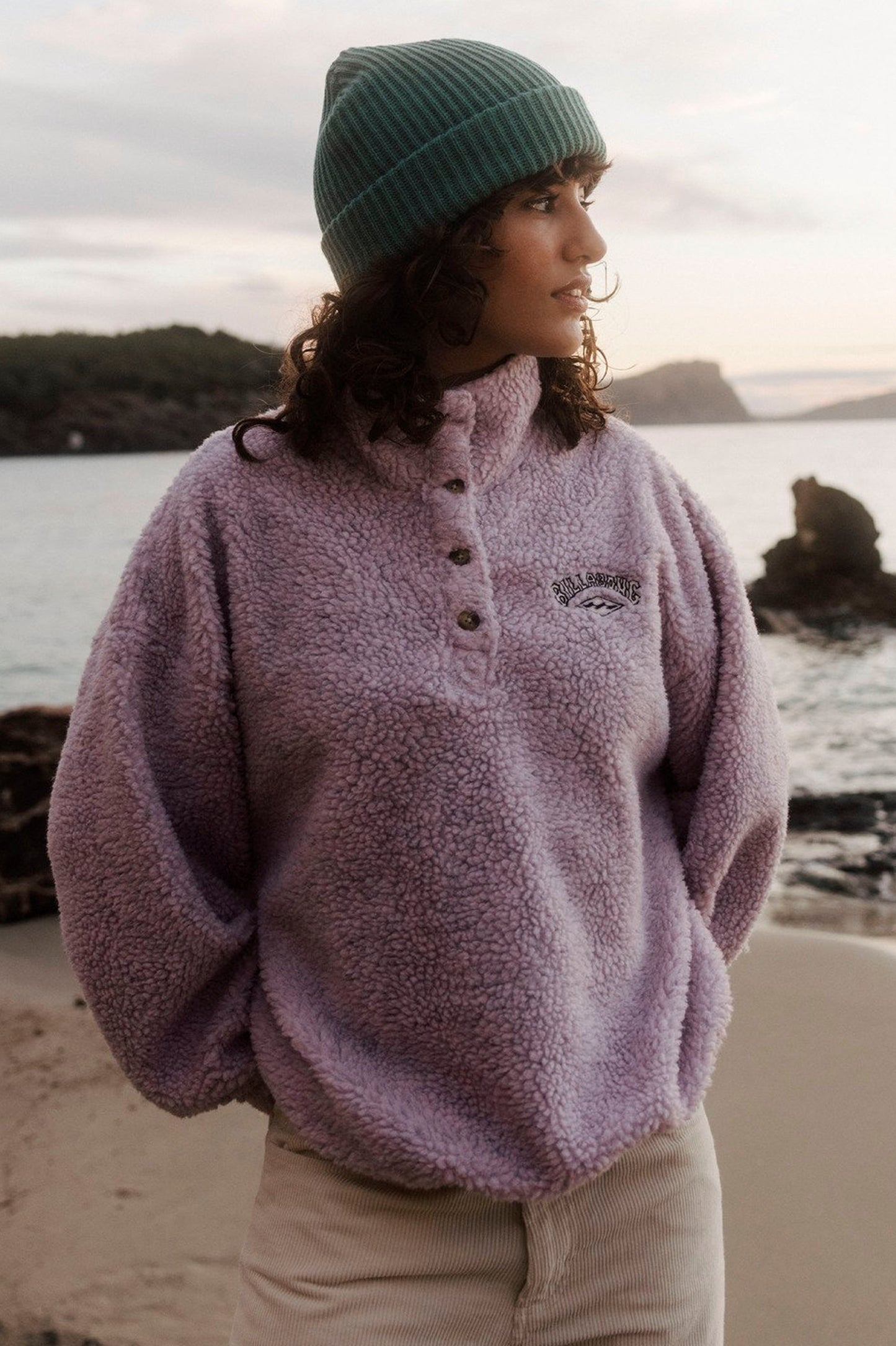 Pukas Surf Shop Billabong Run The Road fleece pullover violet ice collar buttons texture