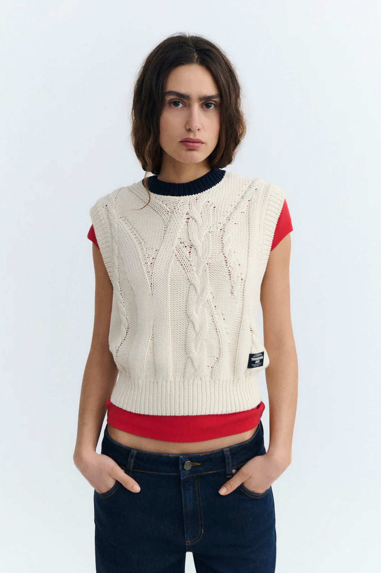 THINKING MU Aria Knitted Vest in raw cotton - front view sleeveless organic cotton vest