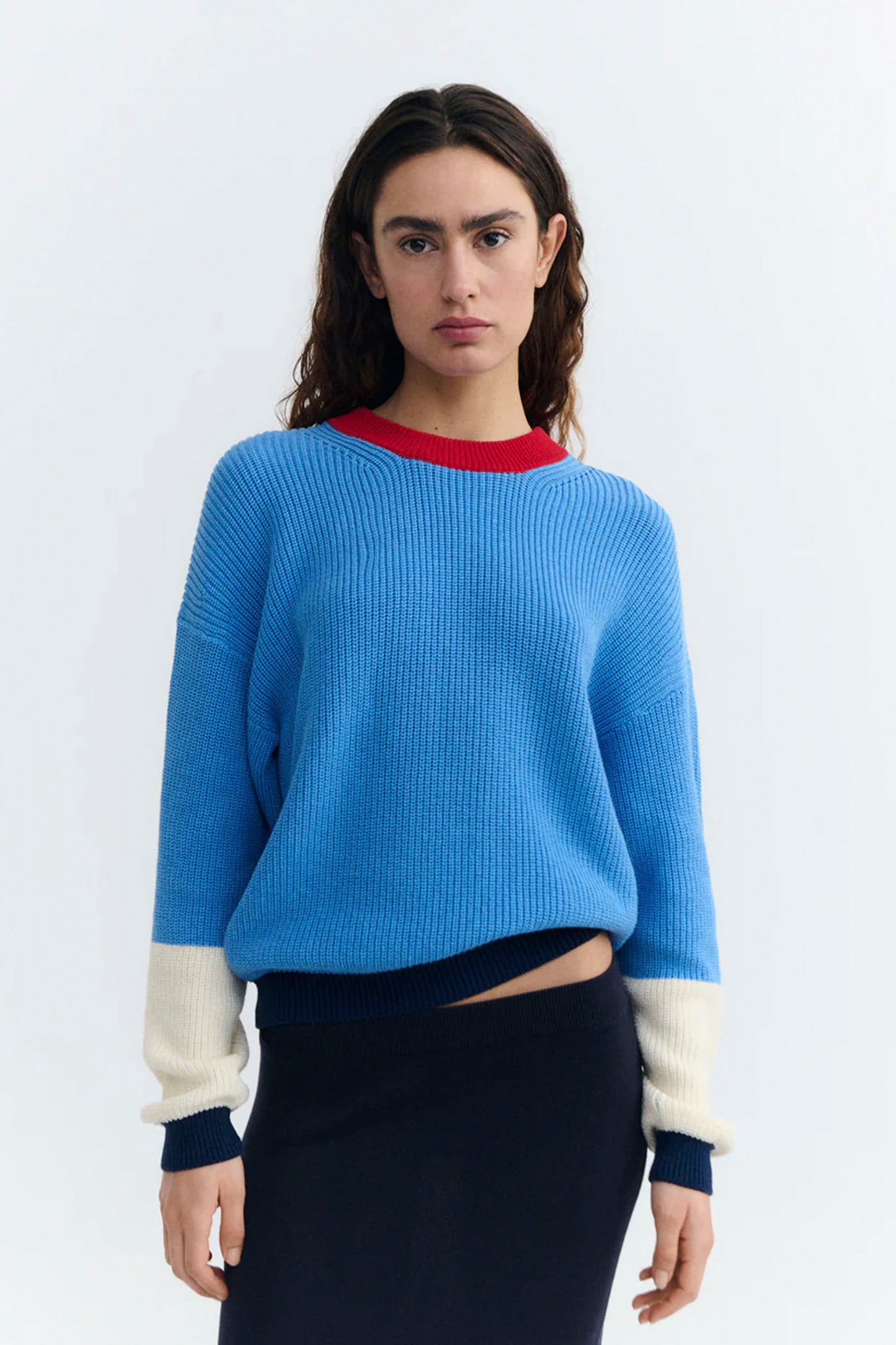 THINKING MU Carmen Knitted Sweater in blue - front view organic cotton tricot sweater