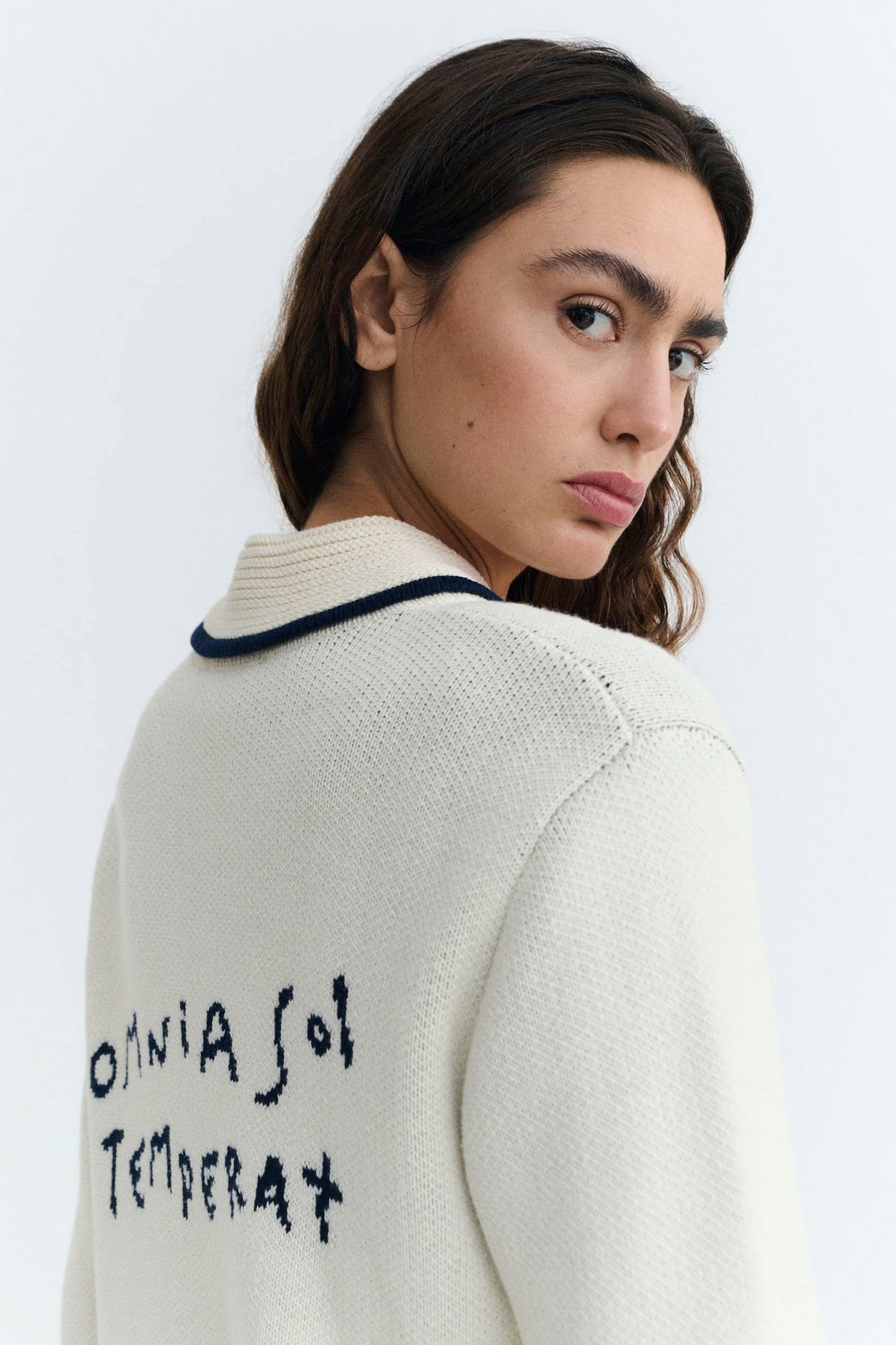 Thinking Mu Tessa Knitted Sweater Ecru - Back view of organic cotton cardigan