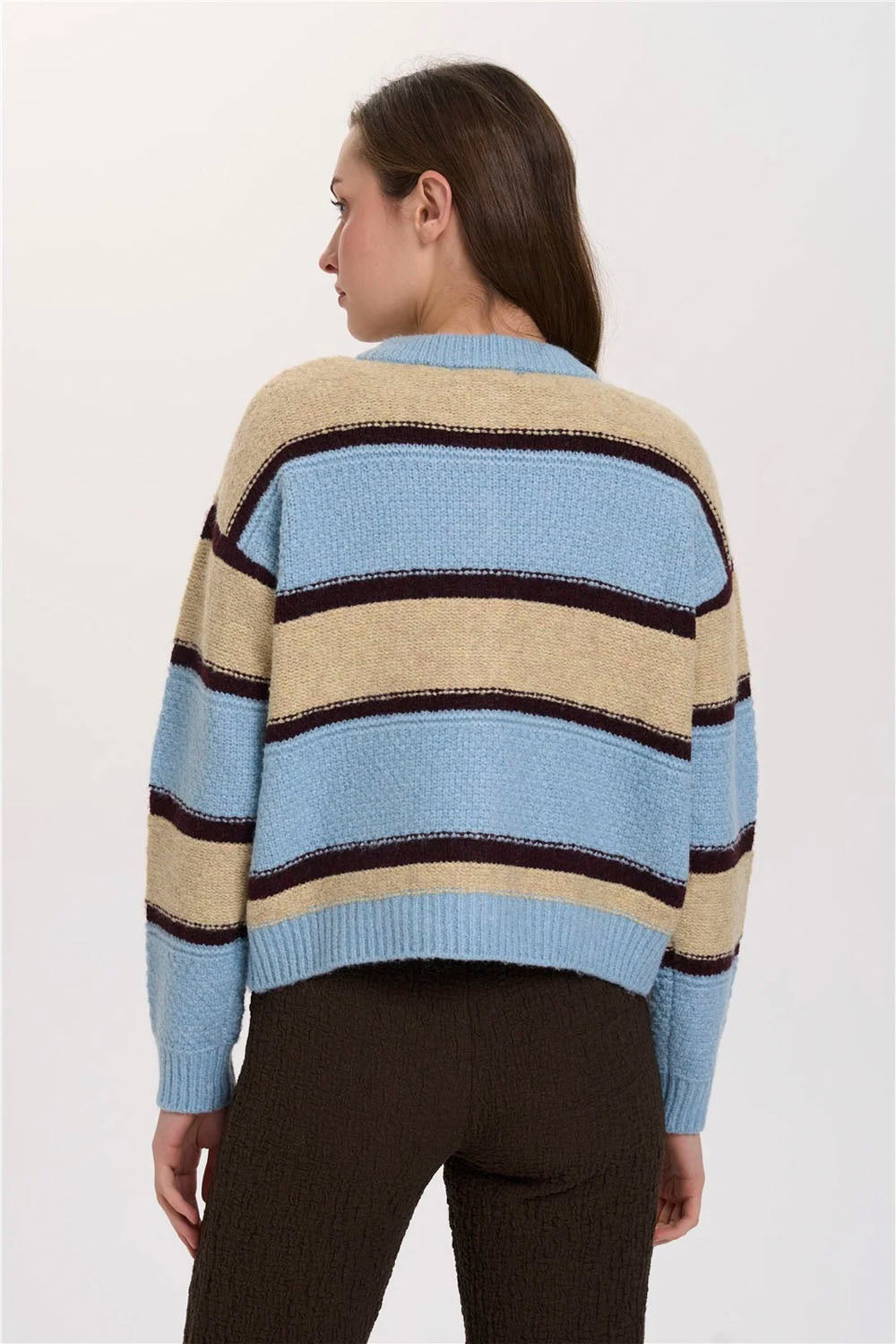 A woman shown from the back wearing a cropped knit sweater with horizontal stripes in light blue, beige, and dark brown, paired with dark brown pants, against a plain light gray studio background.