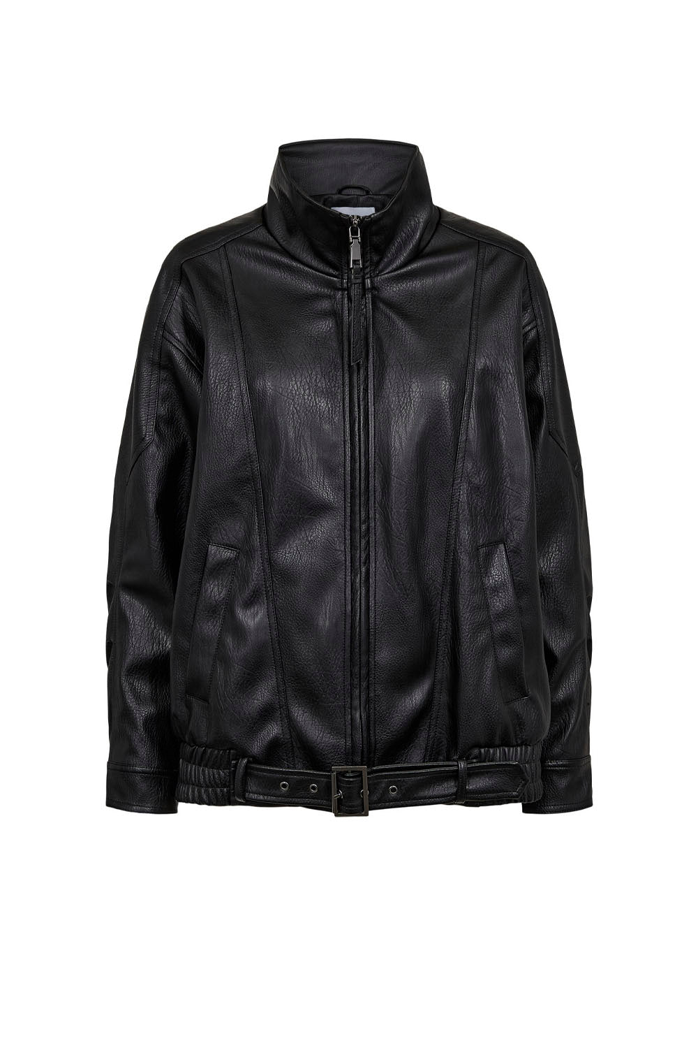 A black faux-leather jacket with a stand-up collar, front zipper, and matching belt, shown against a plain white background.