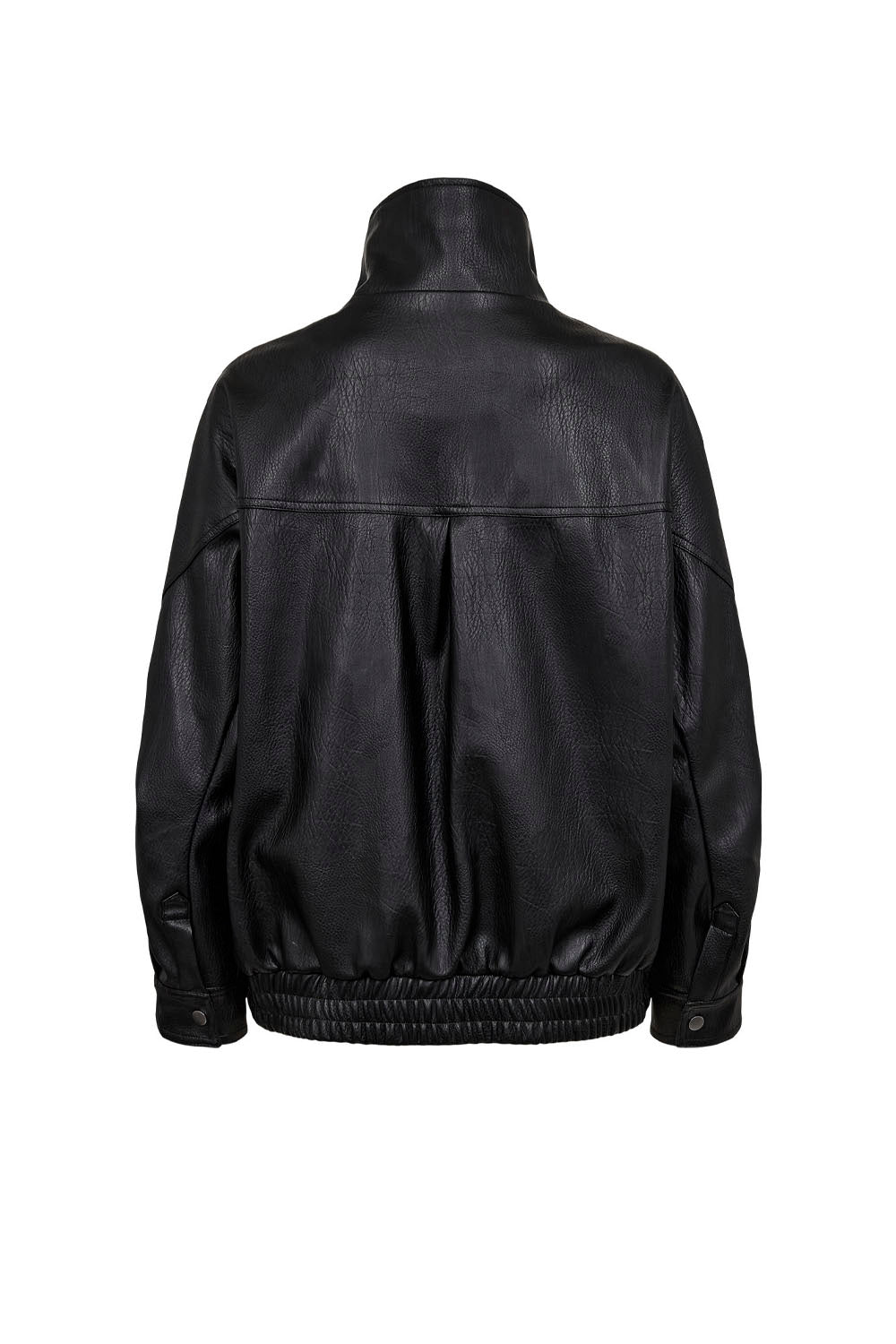 A black leather jacket shown from the back, featuring a high collar, long sleeves, and a gathered elasticated hem, photographed against a solid white background.