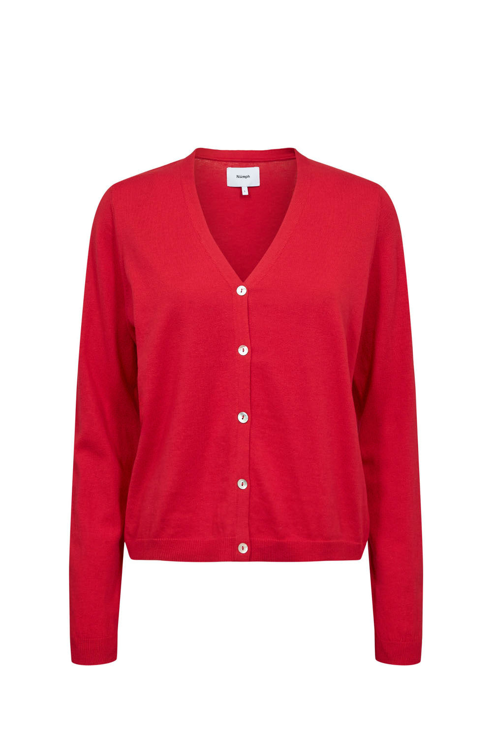 A red long-sleeve V-neck cardigan sweater with a button-up front, displayed on a clean white background.