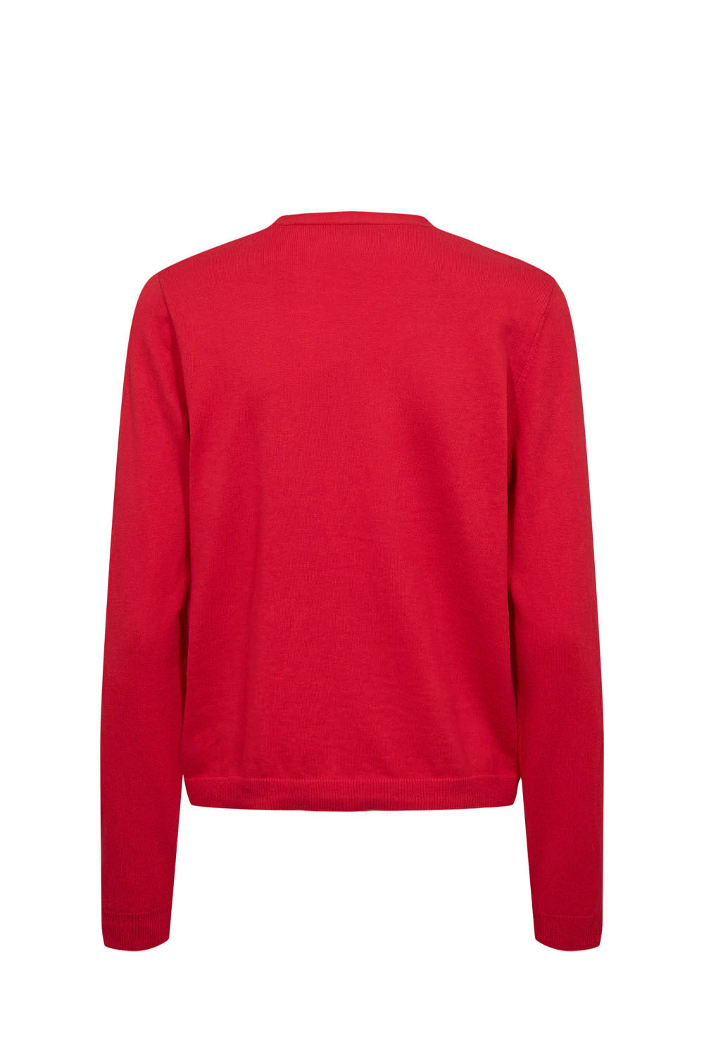 A red long-sleeve crewneck sweater shown from the back, photographed against a plain white background.