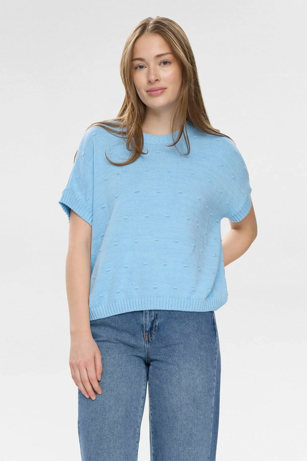 NÜMPH Nulisana Pullover in Airy Blue – women's relaxed fit light blue knit pullover, available at Pukas Surf Shop