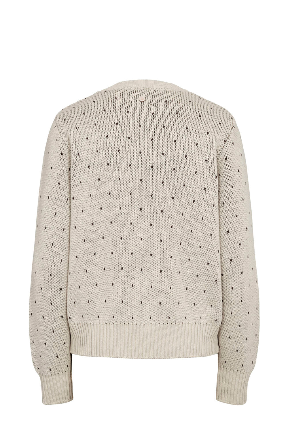 A cream-colored knit sweater with a small black dotted pattern, shown from the back on a plain white background.