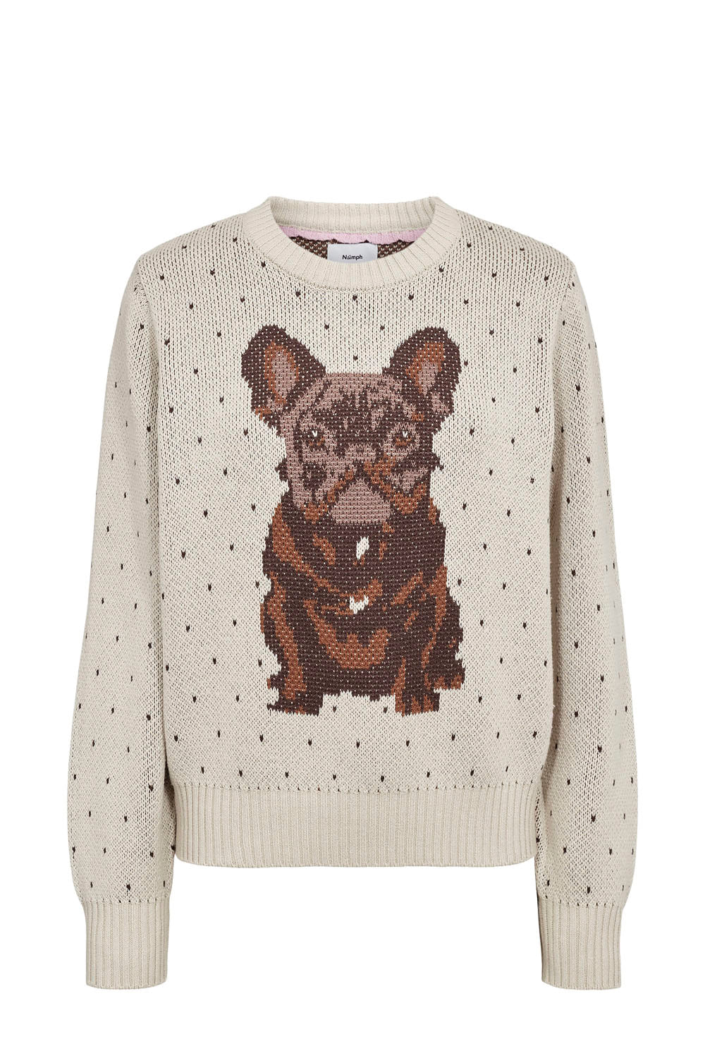 A cream-colored knit sweater featuring a large brown French Bulldog graphic on the chest, decorated with small black polka dots, shown against a plain white background.