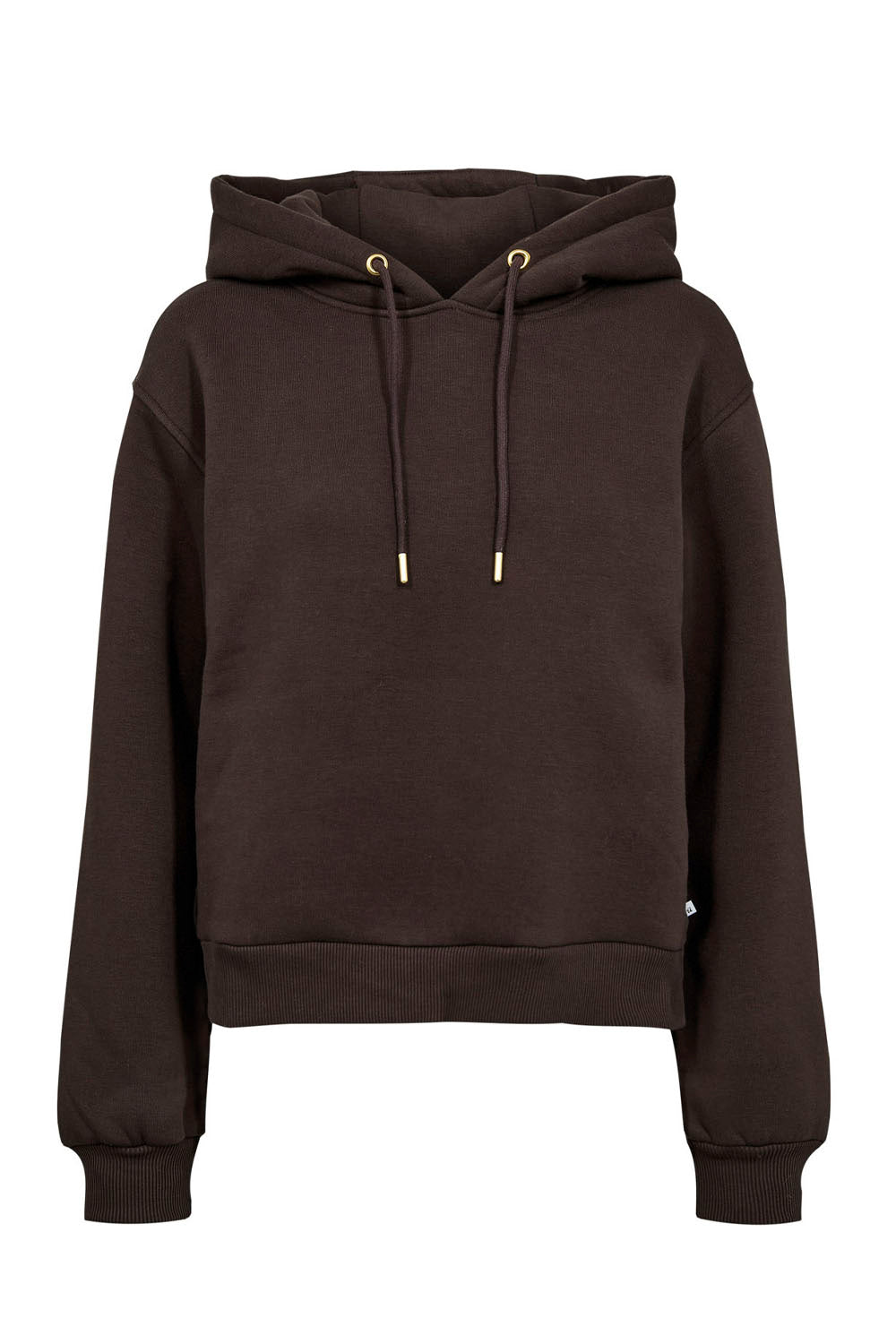 A dark brown cropped pullover hoodie with matching drawstrings and small gold metal tips, shown against a plain white background.