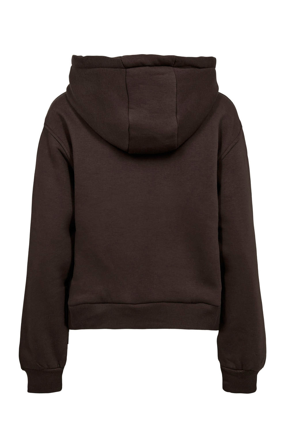 A dark brown cropped hoodie shown from the back, featuring a large hood and ribbed cuffs, on a plain white background.