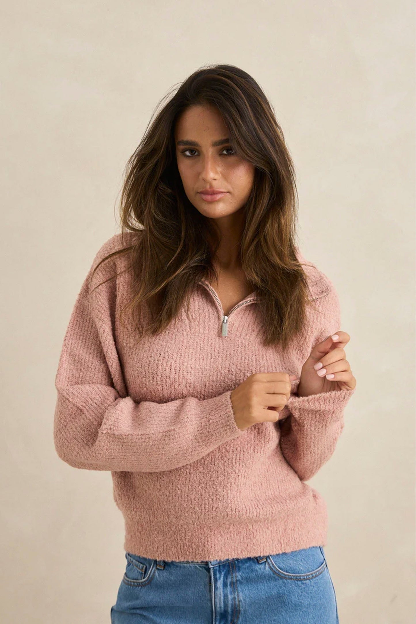 Rhythm Quinn Zip Knit in Pink - Women's cropped quarter-zip sweater
