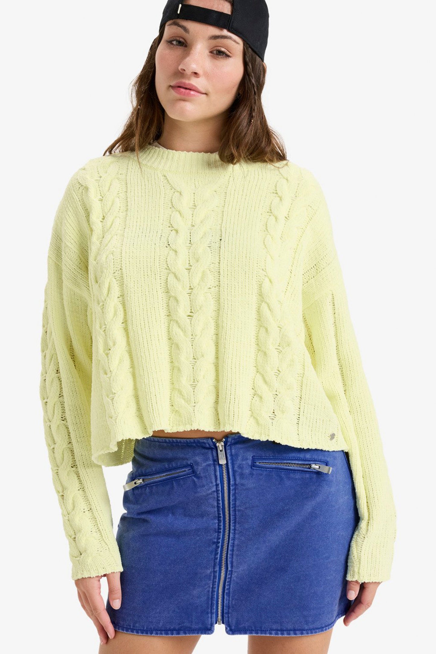 Pukas Surf Shop Roxy Chloë Kim Cropped Cable Knit Sweater in Yellow Pear